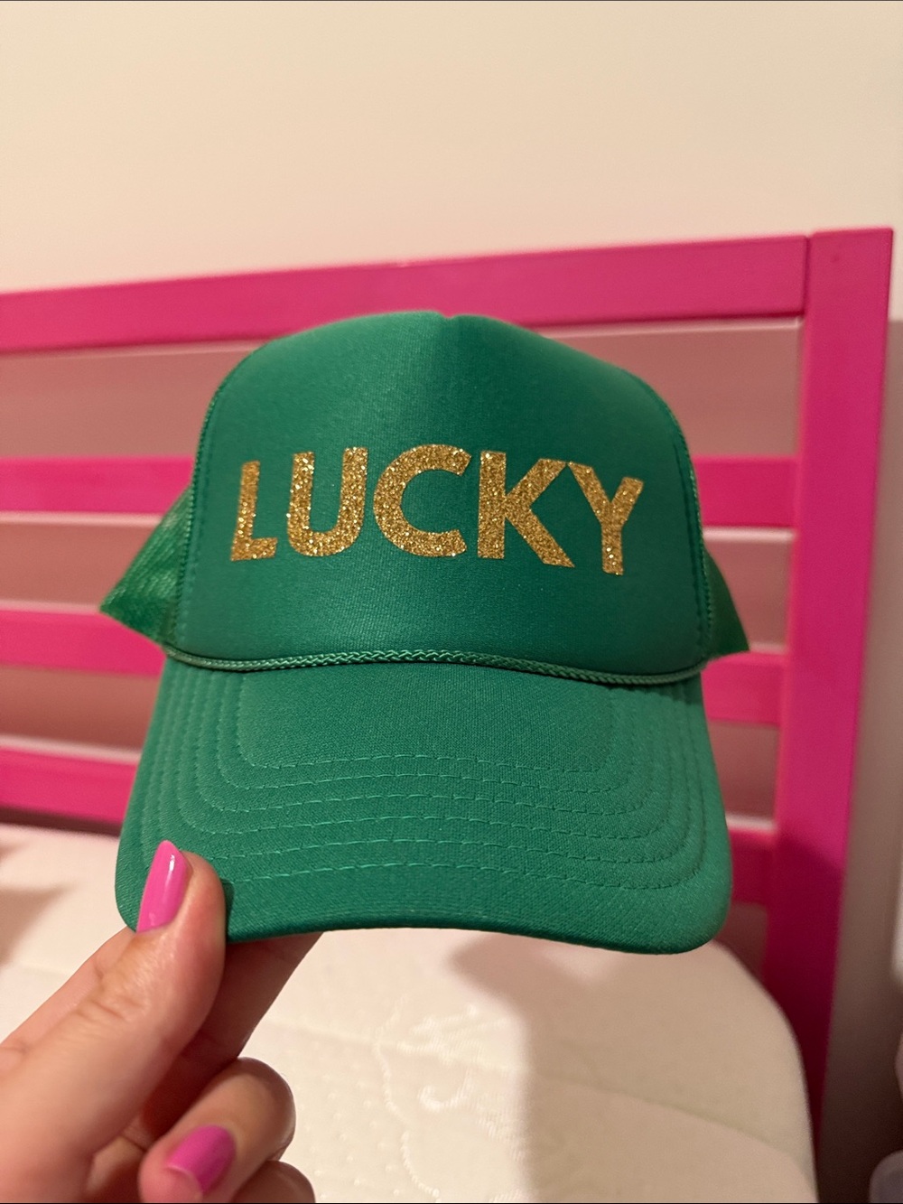 Green 'LUCKY' Trucker Hat with Gold Glitter Lettering